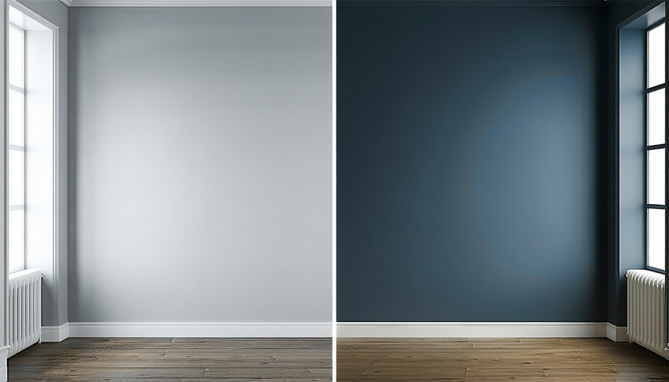A side-by-side comparison of walls painted with di